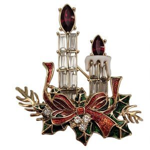 Napier Clear Red Rhinestone Baguette Candle Holly Christmas Brooch, Signed K701